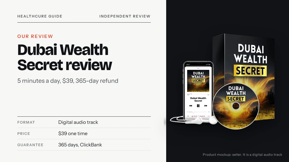 Dubai Wealth Secret review: the seller's product mockup with a black box, a disc, a phone playing the track