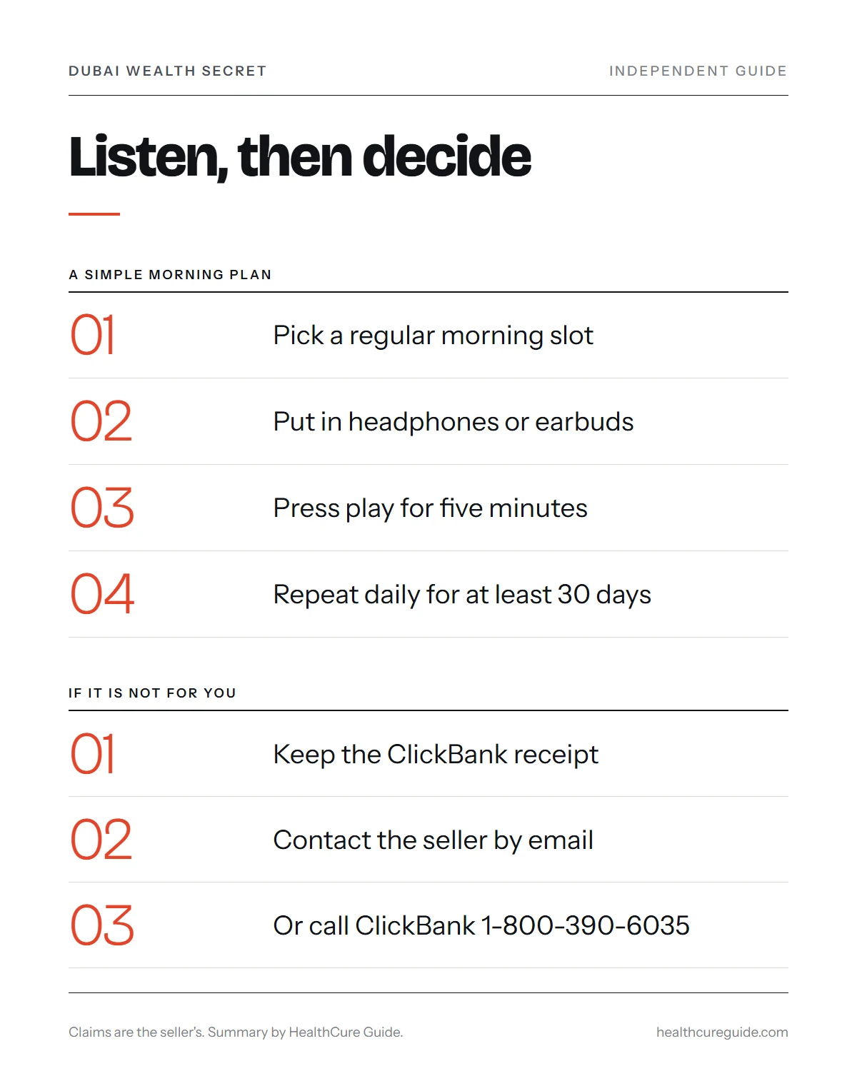 Dubai Wealth Secret review infographic: a five-step morning listening plan and the three refund steps