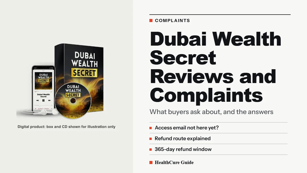 Dubai Wealth Secret reviews complaints cover listing access email and refund route beside the seller's box and CD