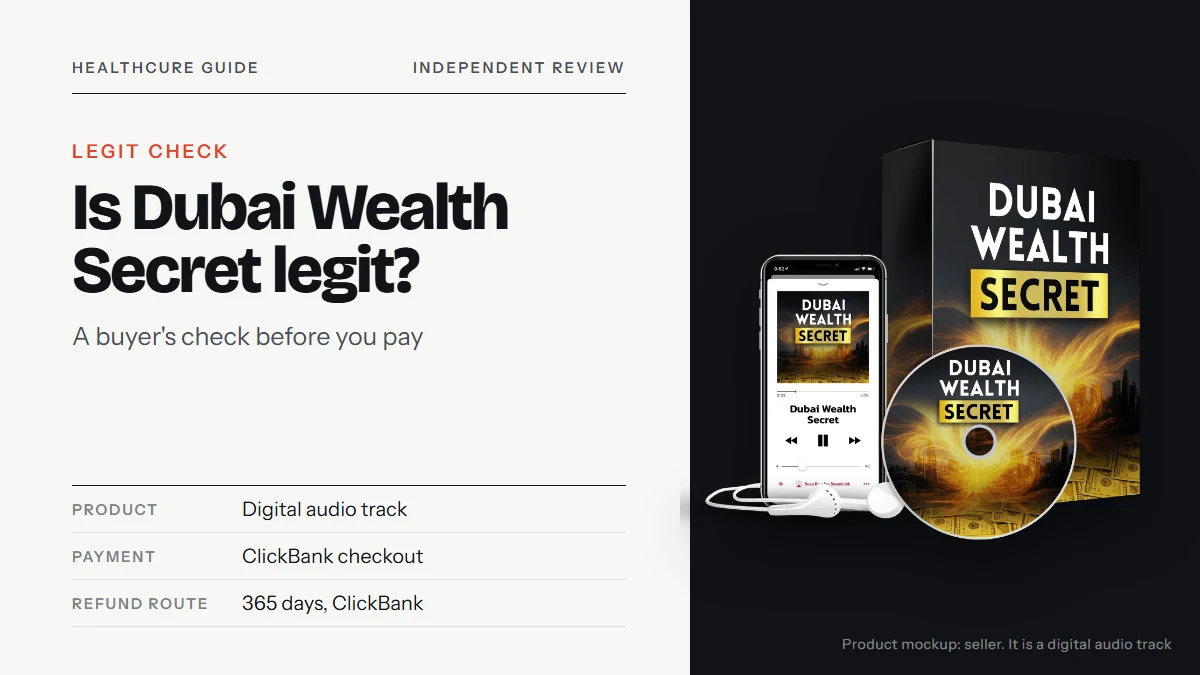 Is Dubai Wealth Secret legit: the seller's product mockup with a black box, a disc