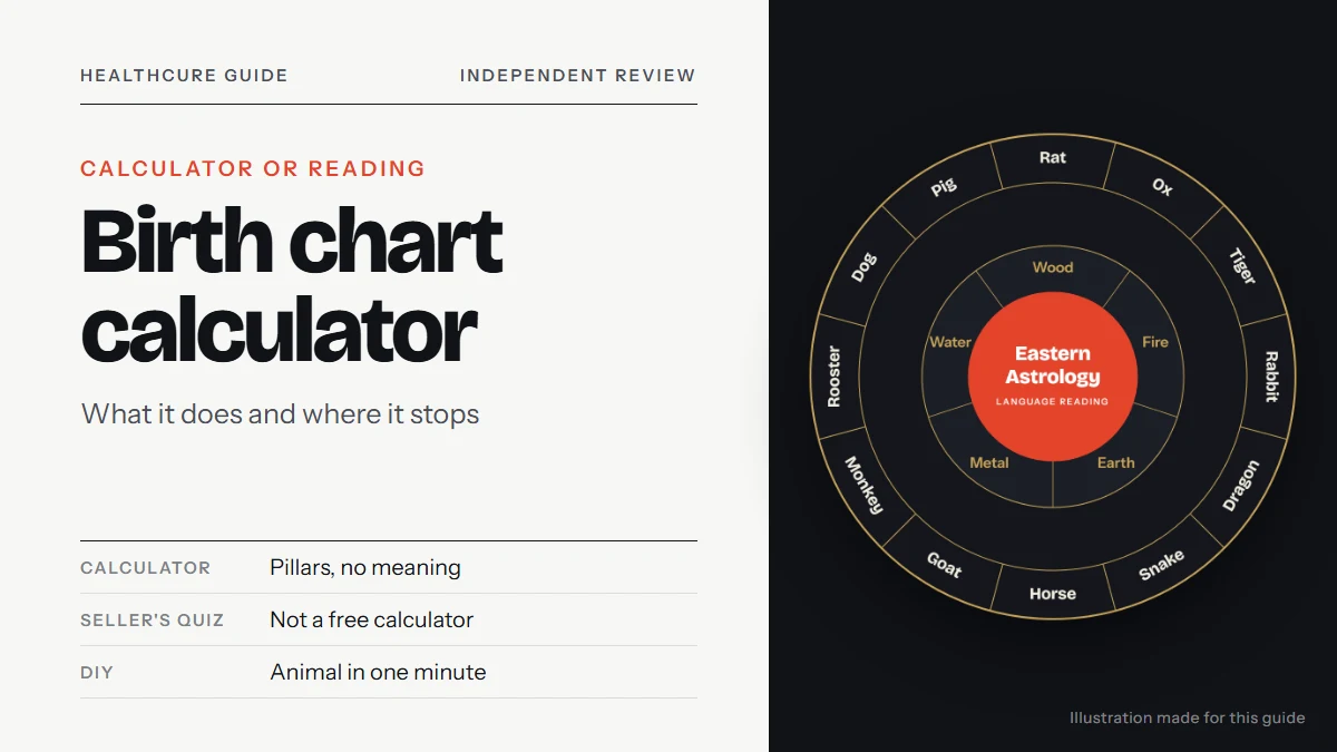 Eastern astrology birth chart calculator: our own chart wheel illustration with the 12 zodiac animals and five elements