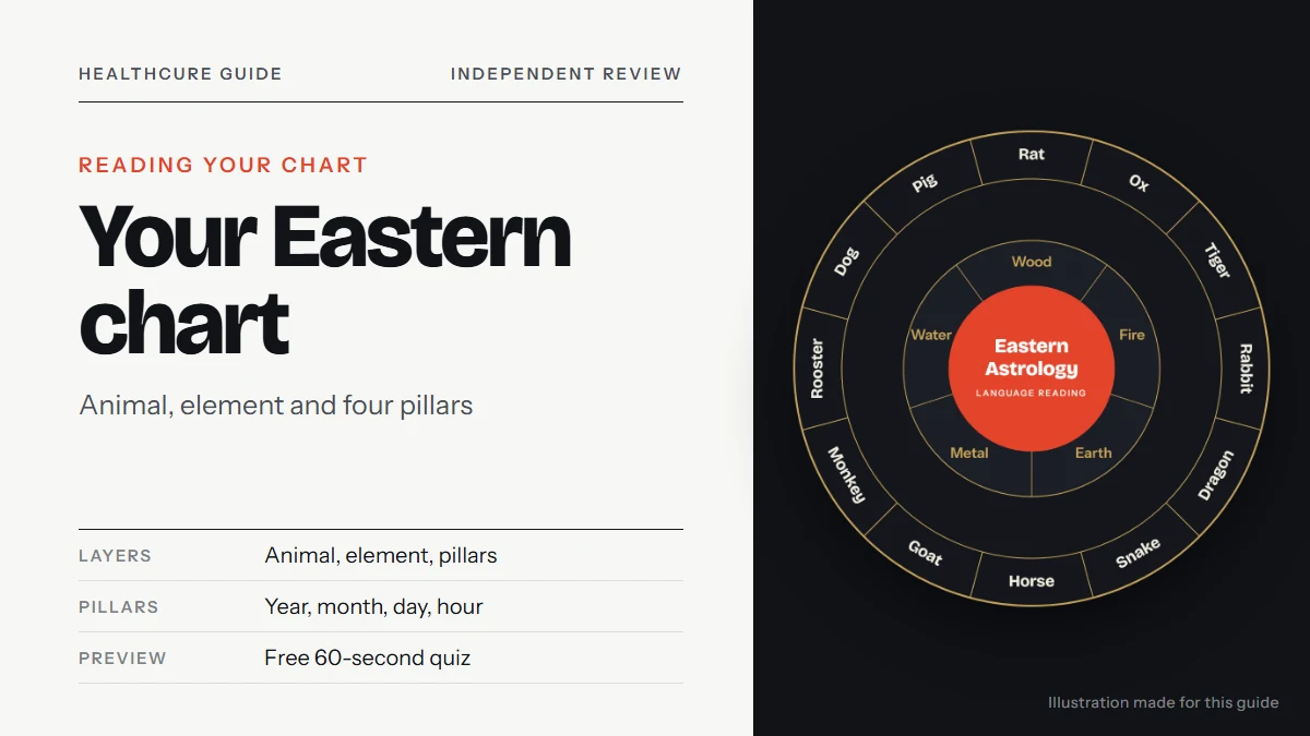 Eastern astrology chart: our own chart wheel illustration with the 12 zodiac animals and five elements