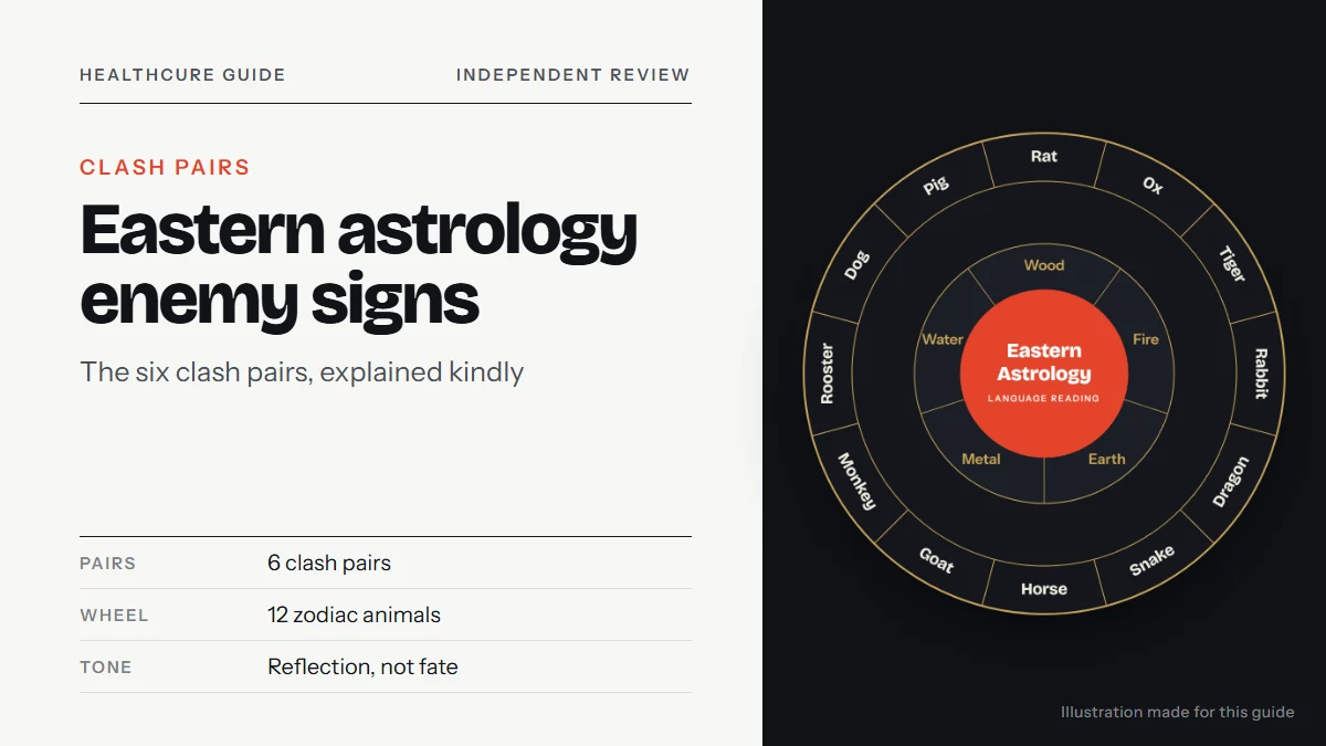 Eastern astrology enemy signs: a chart wheel illustration with the 12 zodiac animals and five elements