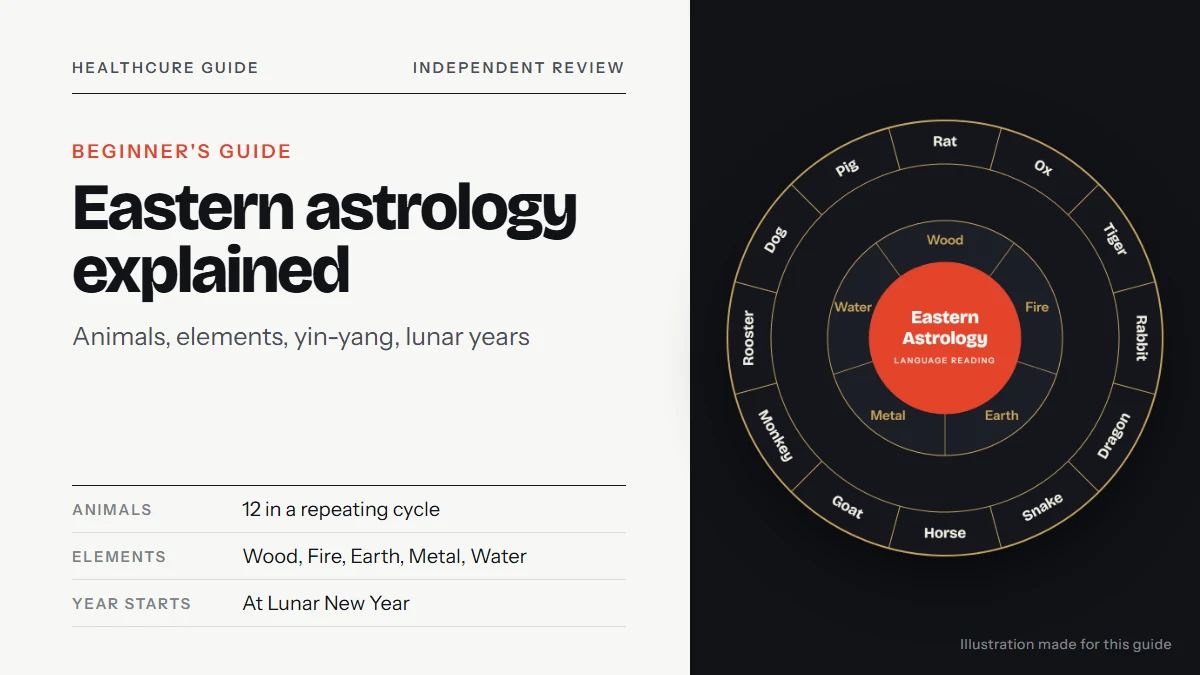 Eastern astrology: our own chart wheel illustration with the 12 zodiac animals and five elements