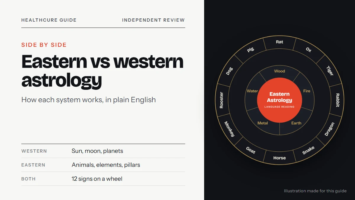 Eastern vs western astrology: a chart wheel illustration with the 12 zodiac animals and five elements, title text on the left