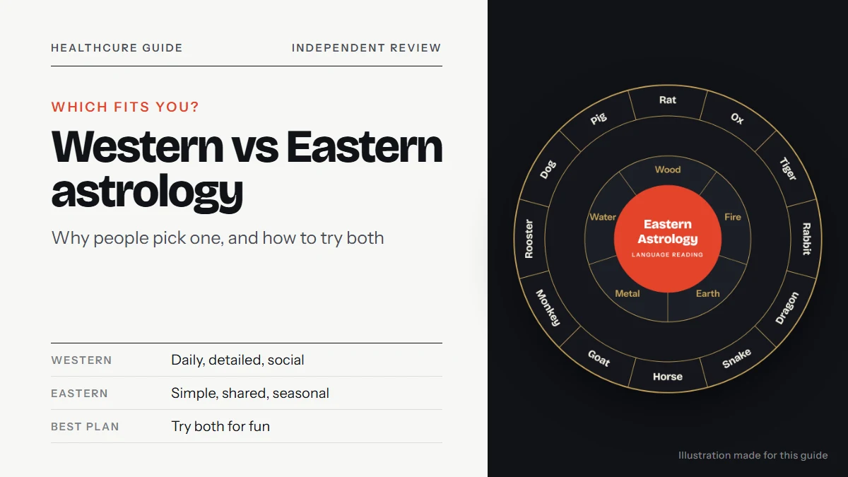Western astrology vs Eastern astrology: a chart wheel illustration with the 12 zodiac animals and five elements