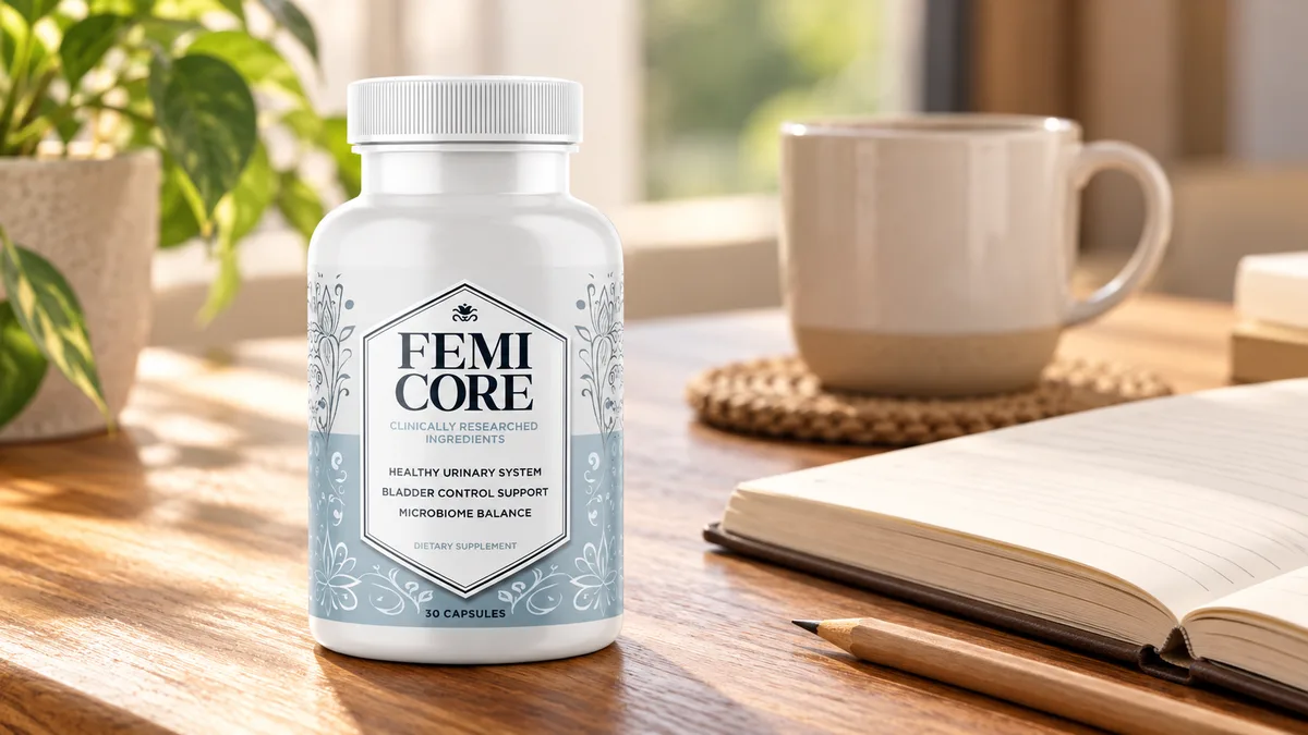 Does FemiCore really work: a FemiCore bottle on a wooden desk beside a coffee mug