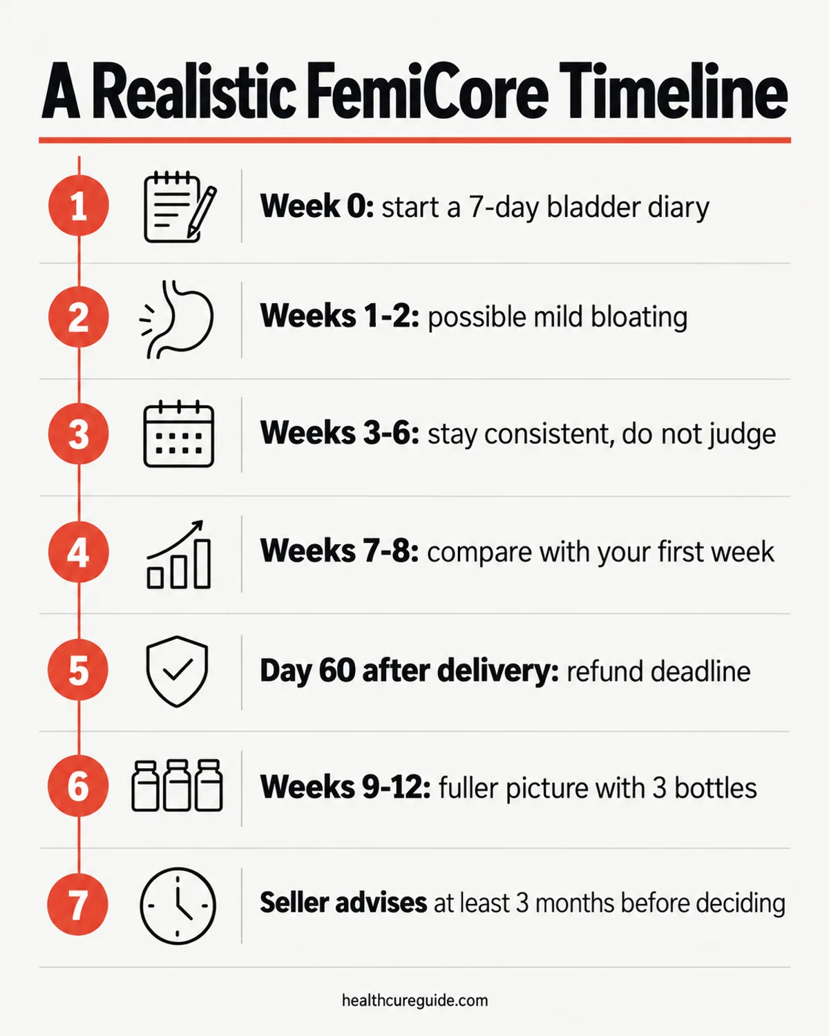 Does FemiCore really work infographic: week-by-week timeline from first capsule to the 60-day guarantee deadline