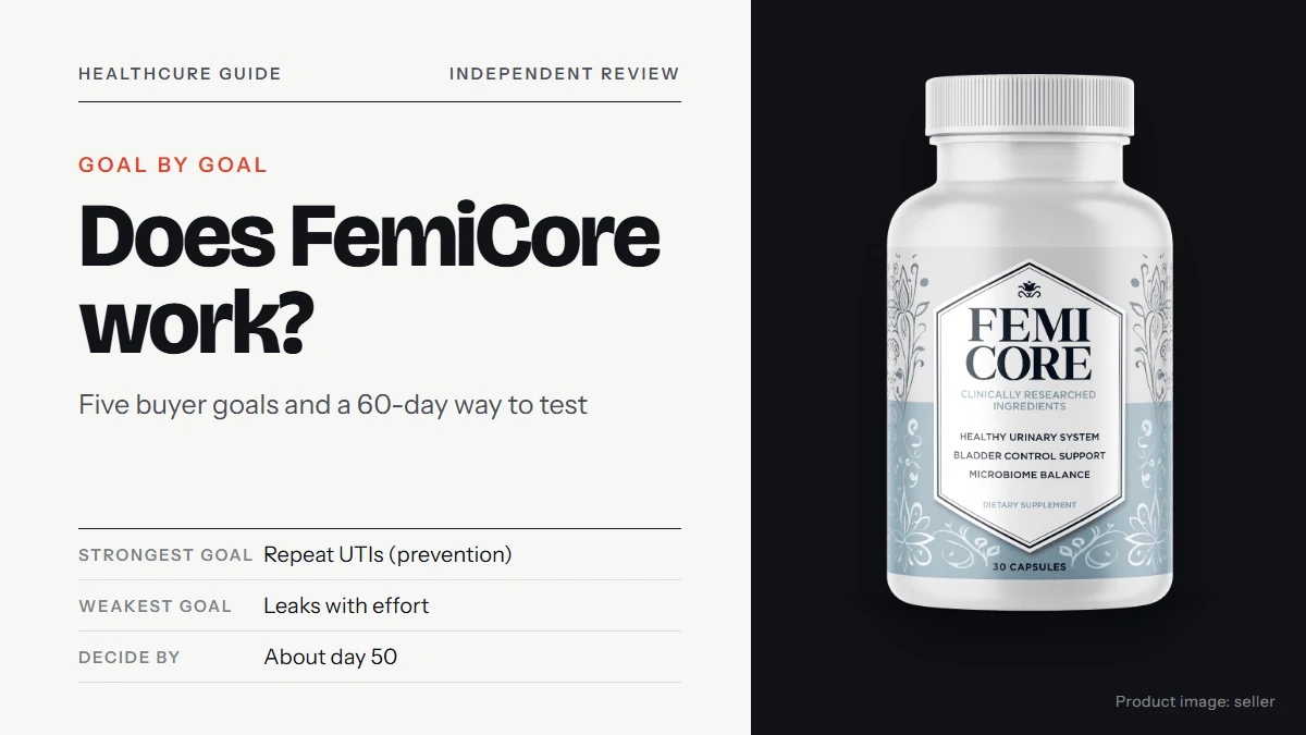 Does FemiCore work: title text on the left asking whether it works for each goal, the FemiCore supplement bottle on the right