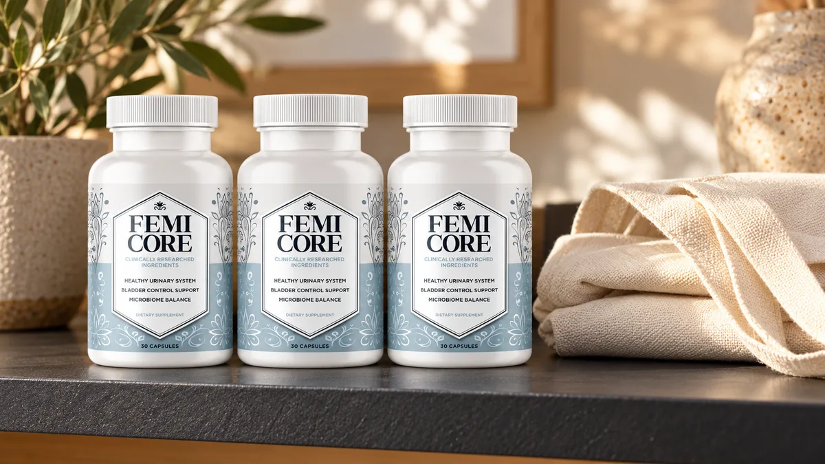 FemiCore buy guide: three FemiCore bottles lined up on a charcoal shelf beside a folded canvas tote bag