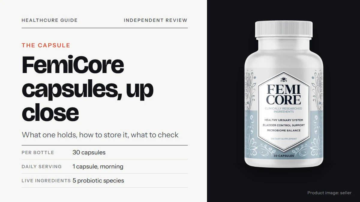FemiCore capsules: title text on the left about what one capsule holds, the FemiCore supplement bottle on the right