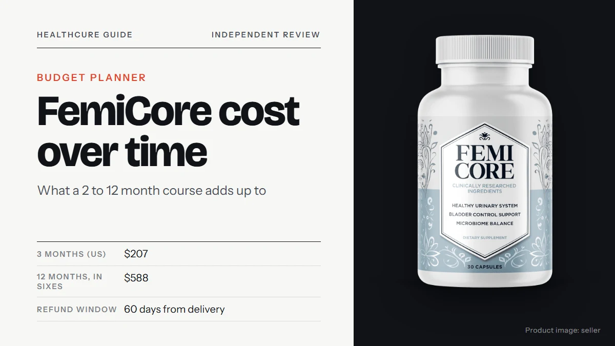 FemiCore cost: budgeting a course from 2 to 12 months, shown beside the FemiCore supplement bottle