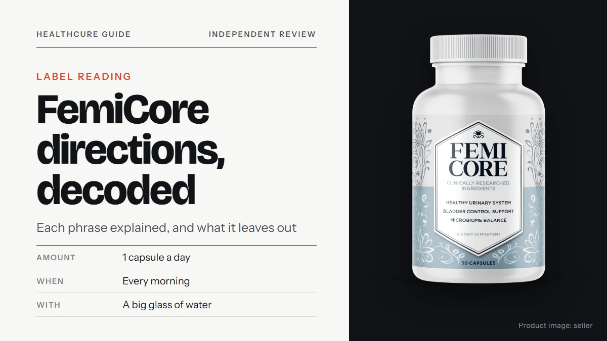 FemiCore directions: title text on the left about reading the label line by line, the FemiCore supplement bottle on the right