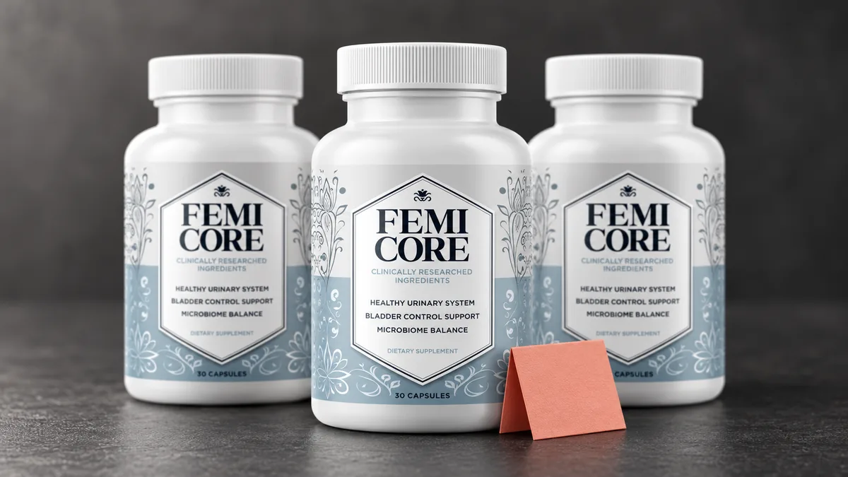 FemiCore discount: three FemiCore bottles in a row on a charcoal surface with a blank coral paper tag