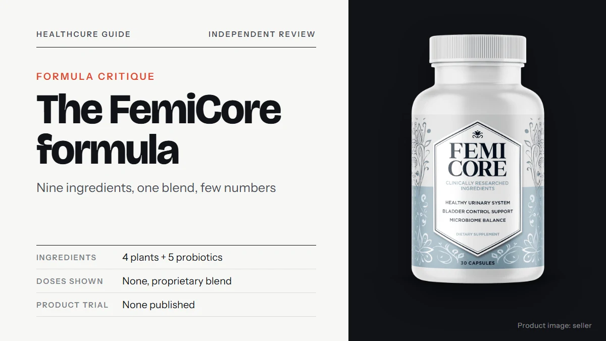 FemiCore formula: title text on the left reading FemiCore formula, with the FemiCore supplement bottle on the right