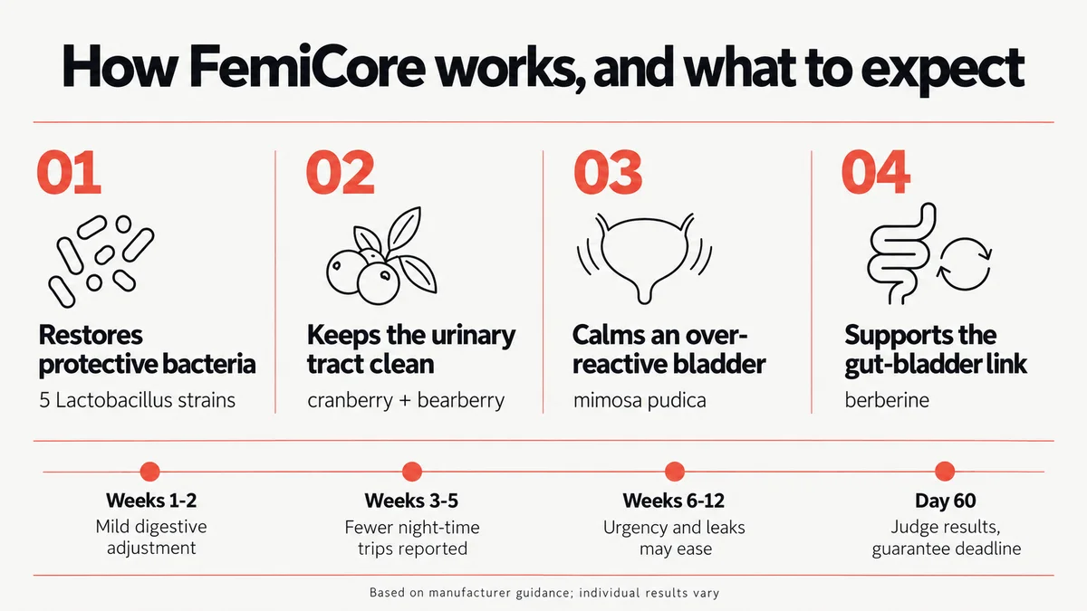How FemiCore works infographic: four mechanisms and a week-by-week timeline from first dose to the 60-day guarantee deadline