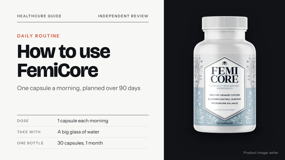 FemiCore how to use: title text about the daily routine on the left, the FemiCore supplement bottle on the right