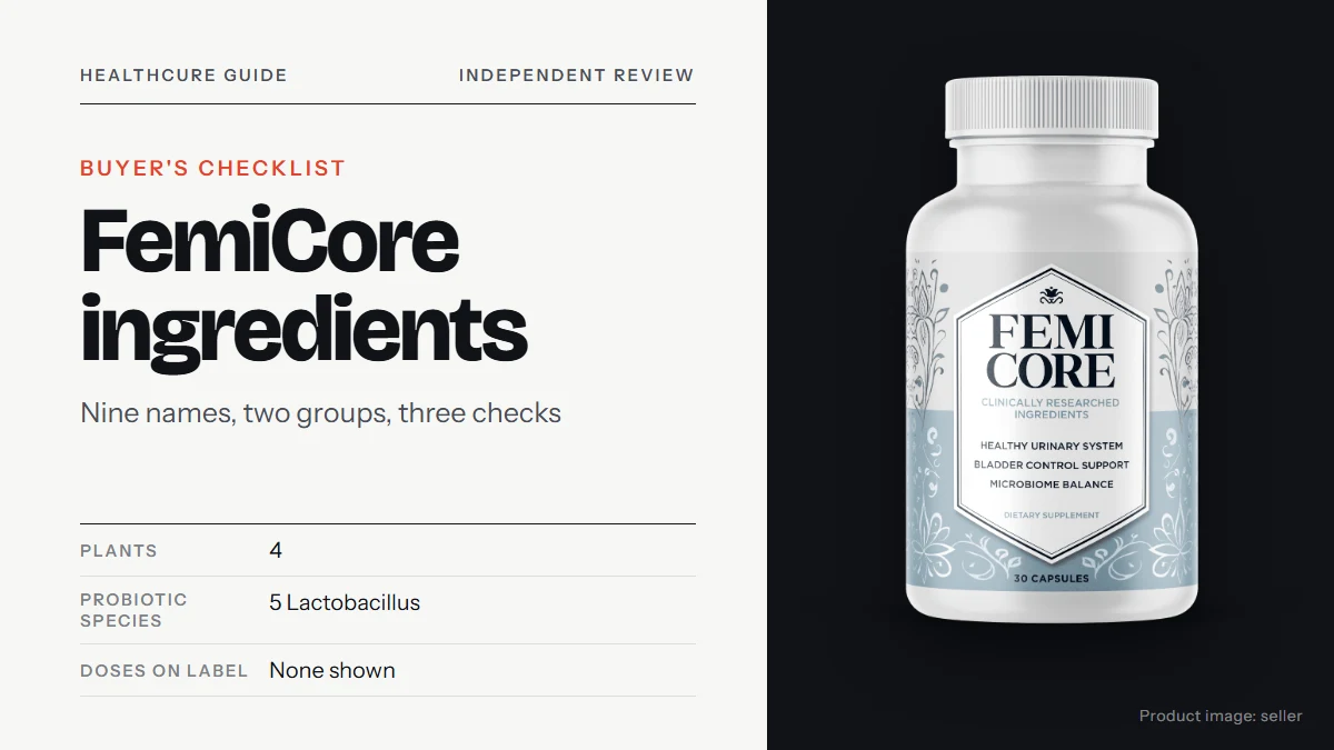 FemiCore ingredients: title text on the left reading FemiCore ingredients, with the FemiCore supplement bottle on the right