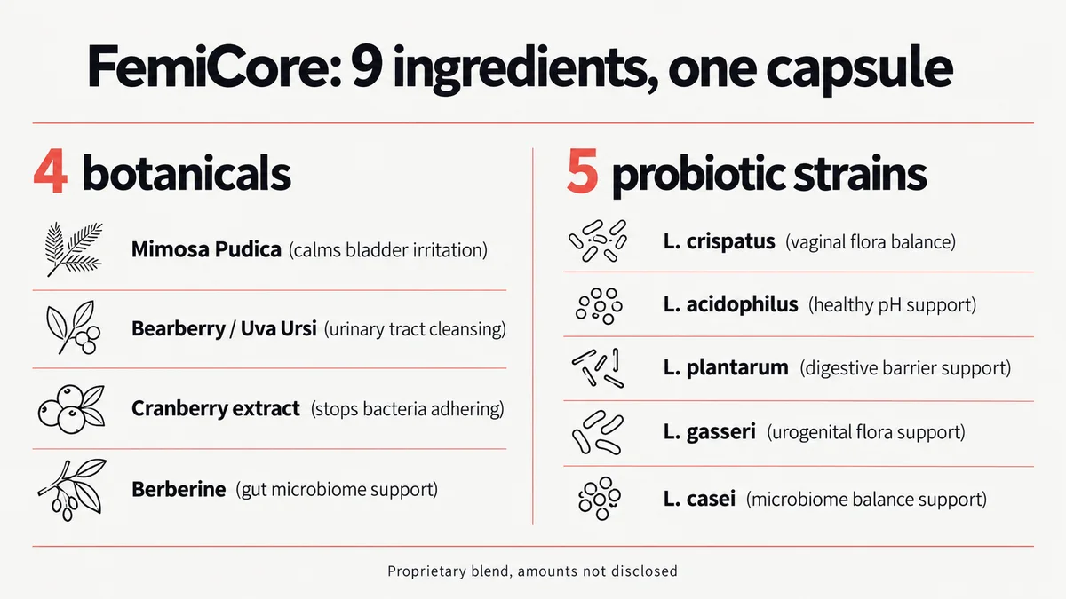 FemiCore ingredients infographic: 4 botanicals (Mimosa Pudica, Bearberry, Cranberry, Berberine) and 5 Lactobacillus probiotic strains