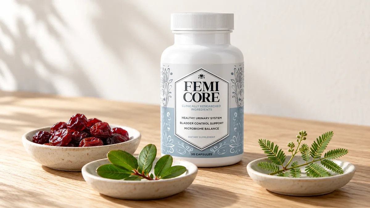 FemiCore ingredients list: a FemiCore bottle on a pale oak table behind small dishes of dried cranberries, bearberry leaves and mimosa leaves