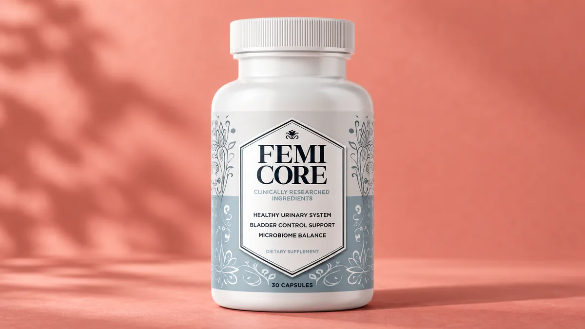 FemiCore official: a genuine FemiCore bottle photographed front-on against a soft coral backdrop