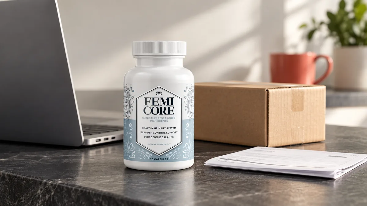 FemiCore official website buying guide: genuine FemiCore bottle on a dark slate counter beside a laptop and order confirmation