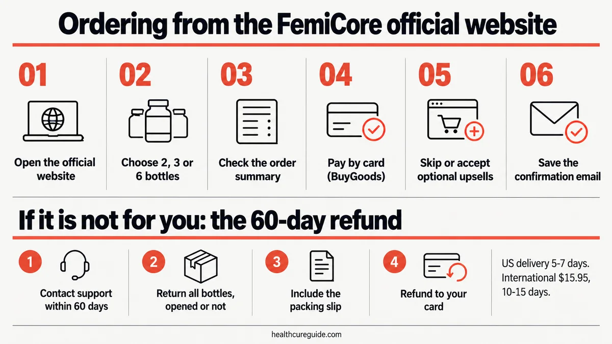 How to order from the FemiCore official website and claim the 60-day refund: step-by-step infographic