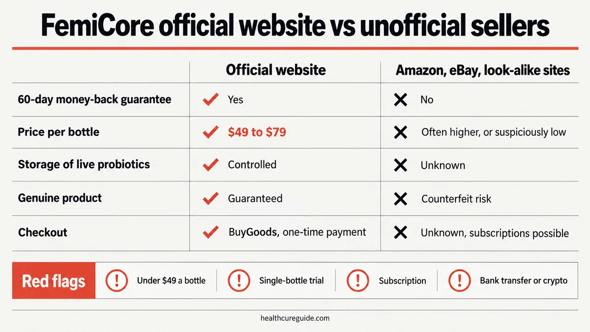 FemiCore official website vs unofficial sellers infographic: guarantee, storage, price and counterfeit risk compared