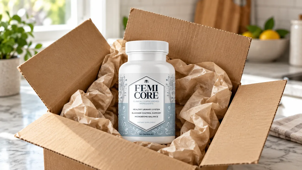 FemiCore order: an opened cardboard shipping box with a FemiCore bottle in crinkled packing paper on a kitchen counter