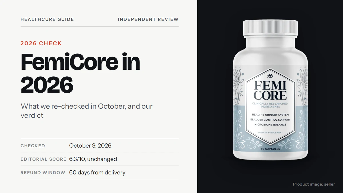 FemiCore review 2026: the FemiCore bottle, on a plain off-white background