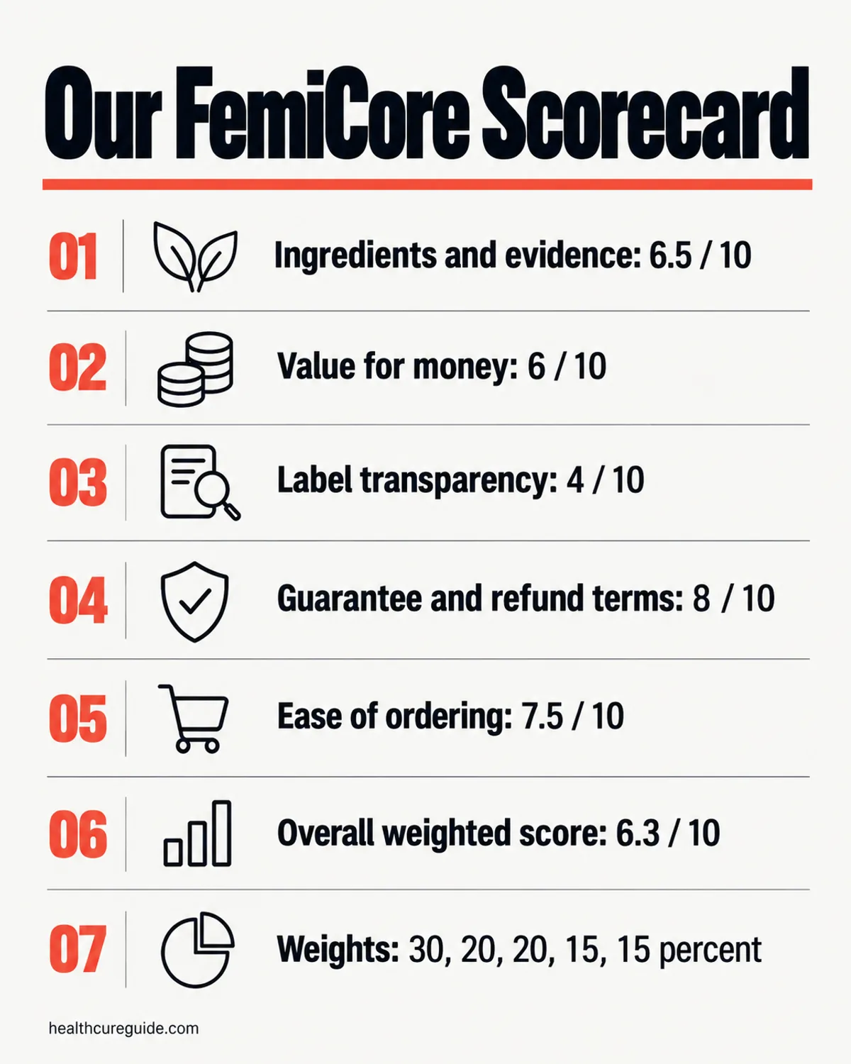 FemiCore reviews and ratings infographic: our five category scores and the overall 6.3 out of 10 rating
