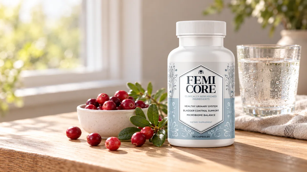 FemiCore reviews: bladder control supplement bottle for women photographed with cranberries on a wooden table