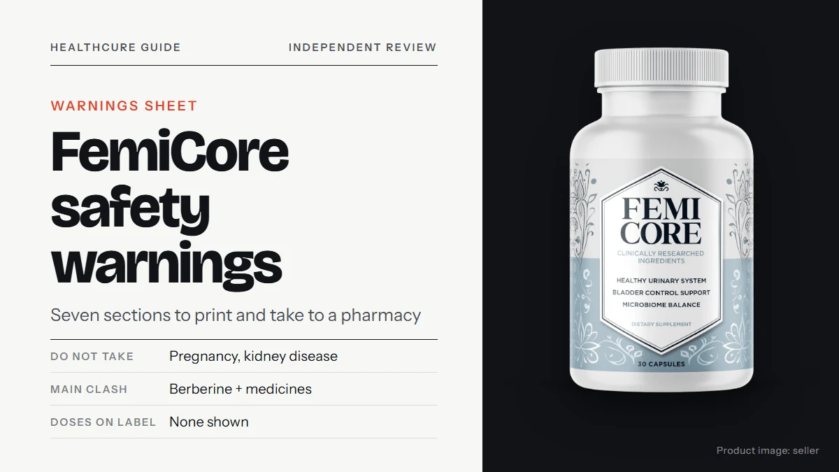 FemiCore safety warnings: the FemiCore supplement bottle on the right