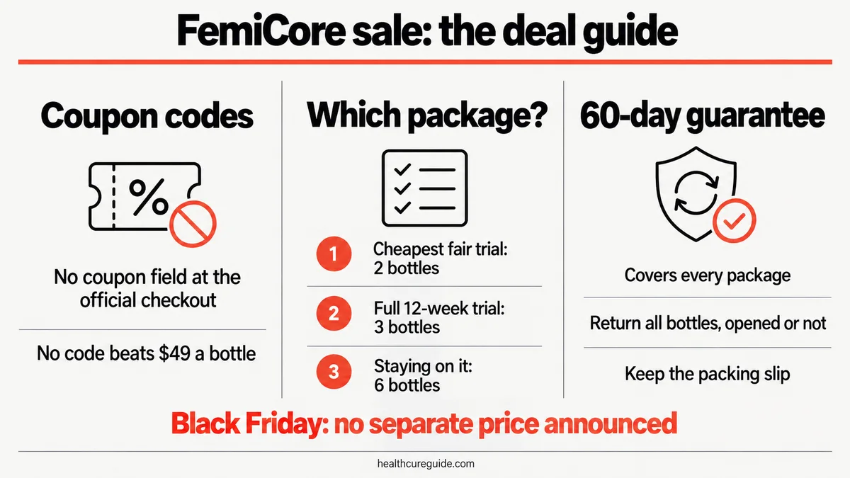 FemiCore sale deal guide infographic: coupon code truth, which package to choose and the 60-day guarantee