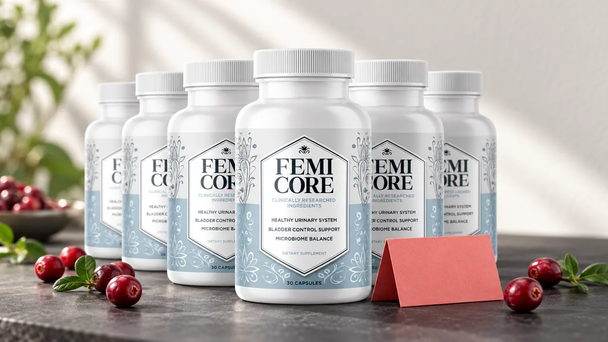 FemiCore sale: six bottles of FemiCore, the 6-bottle package, arranged on a charcoal surface with cranberries and a coral price tag