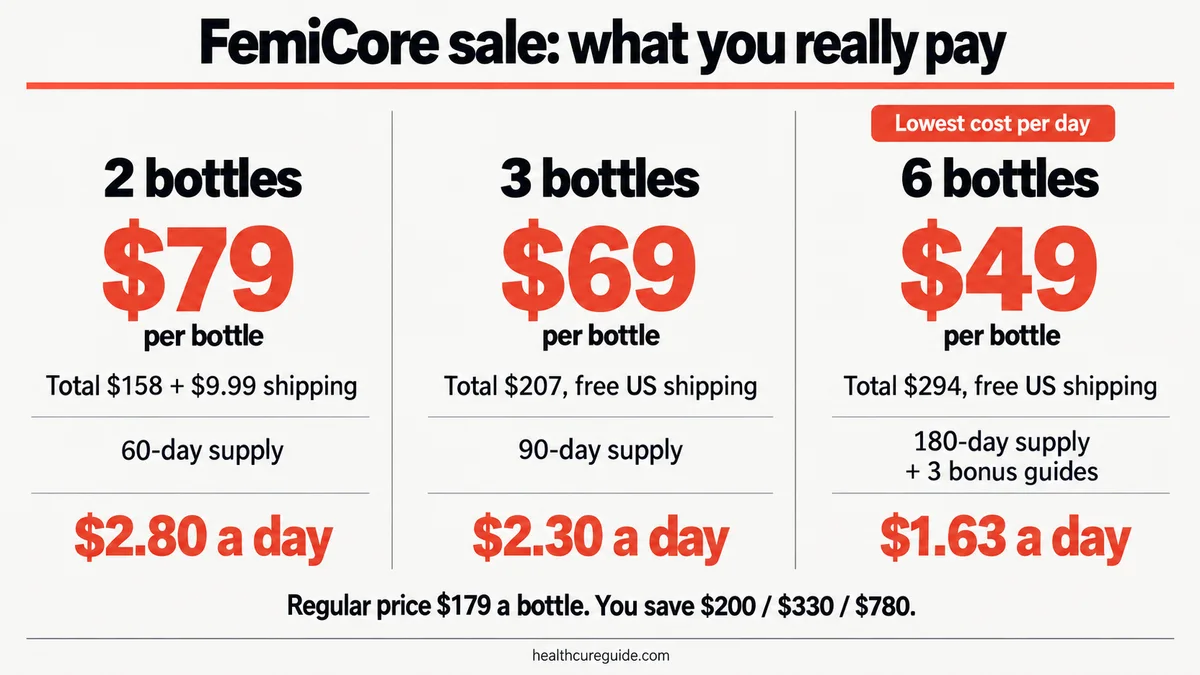 FemiCore sale price comparison infographic: price per bottle, package total and cost per day for 2, 3 and 6 bottles