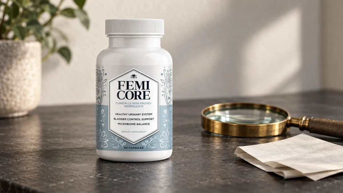 FemiCore scam: a genuine FemiCore bottle on a dark stone desk beside a brass magnifying glass