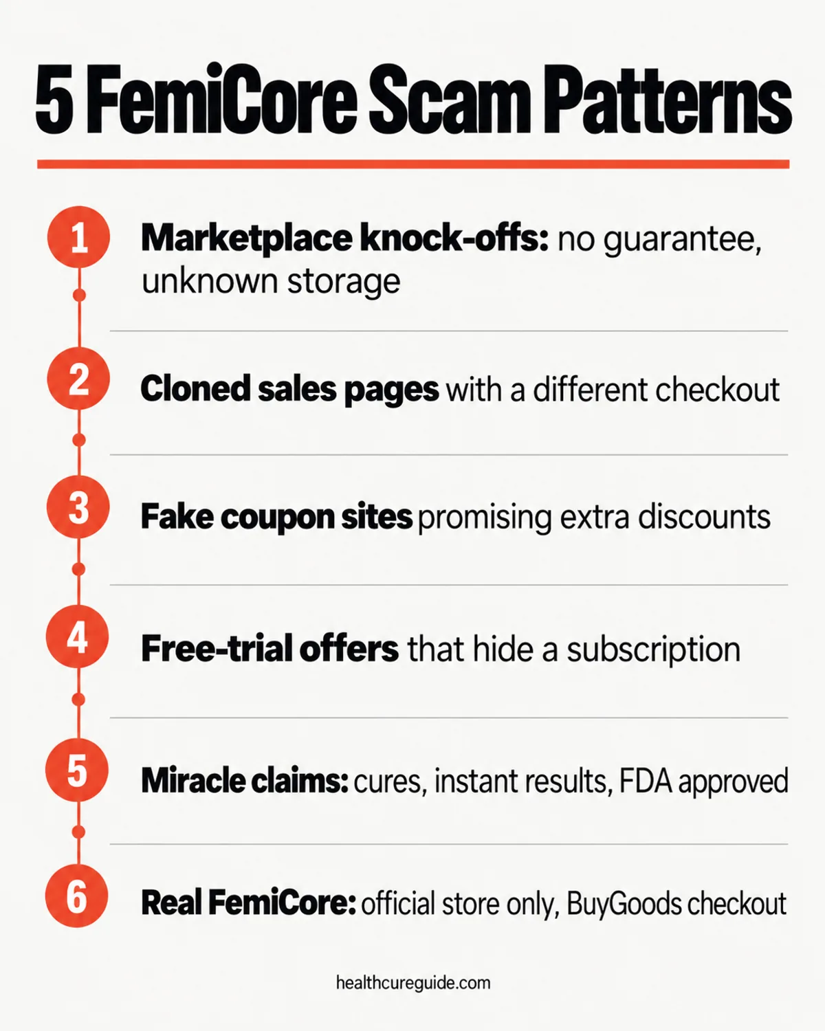 FemiCore scam infographic: five common scam patterns around the product, from marketplace knock-offs to fake coupon codes