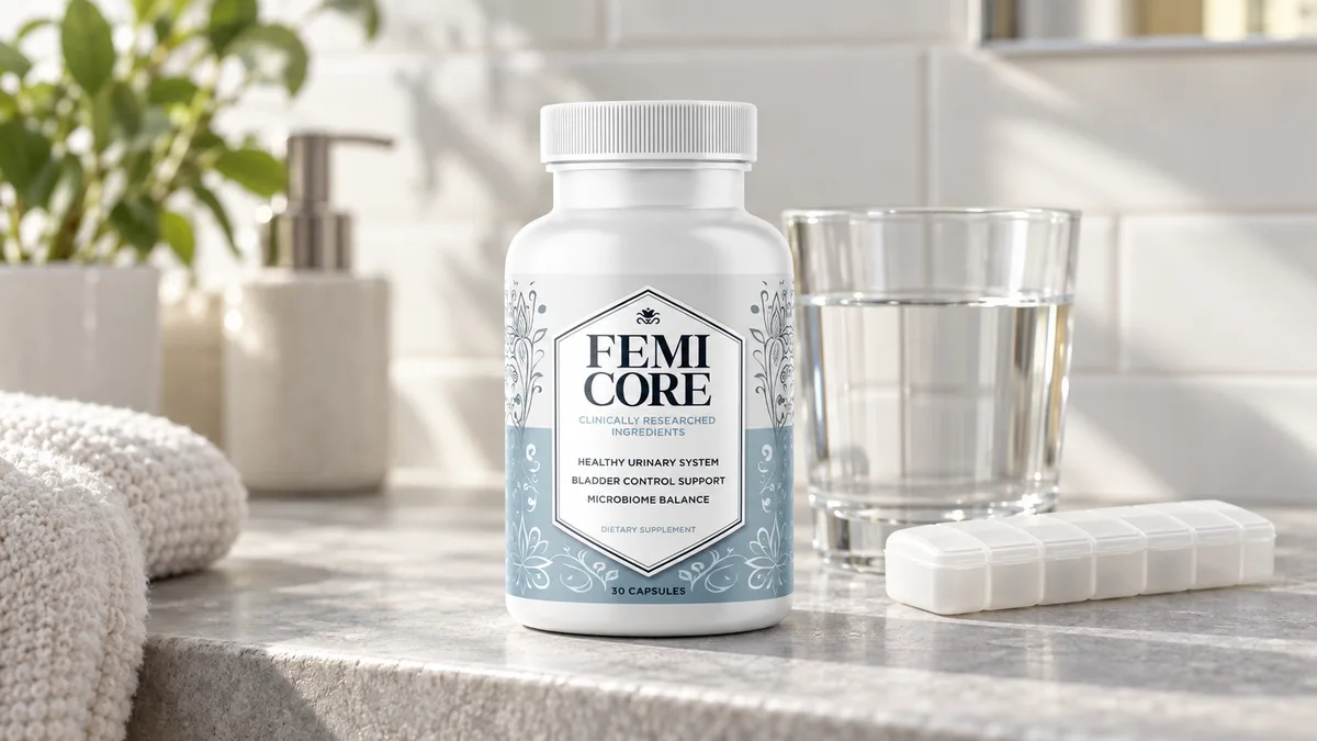 FemiCore side effects guide: a FemiCore bottle on a grey stone bathroom shelf beside a glass of water and a closed weekly pill organiser