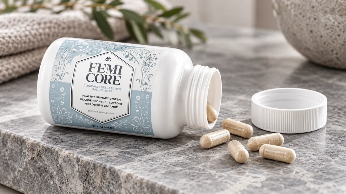 FemiCore supplement: a FemiCore bottle on its side on a grey stone shelf with capsules spilled beside the open cap