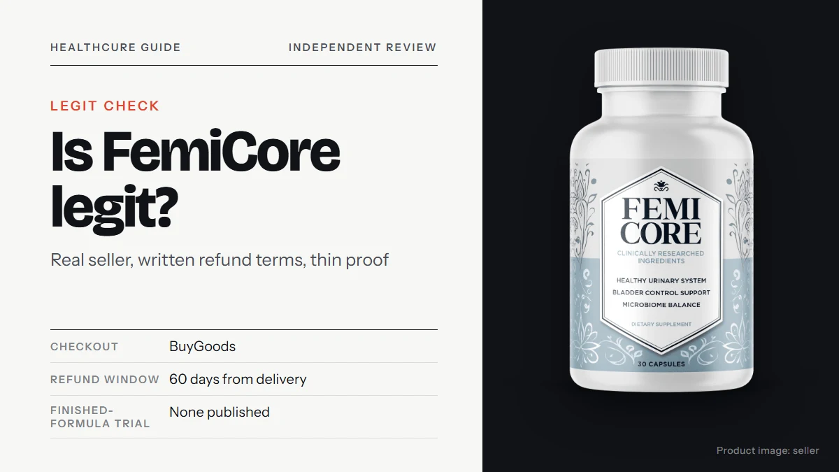 Is FemiCore legit: the FemiCore bottle, on a plain off-white background