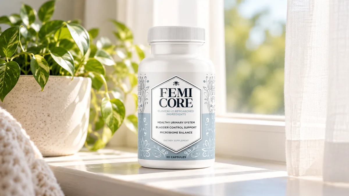 What are the benefits of FemiCore: a FemiCore bottle on a sunny white windowsill beside a potted green plant