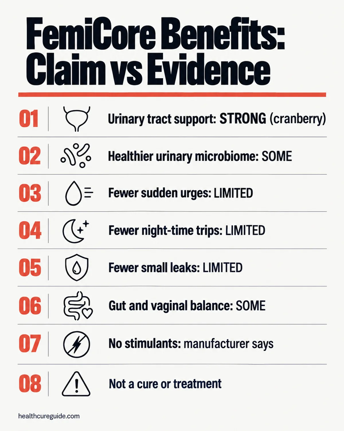 What are the benefits of FemiCore infographic: each claimed benefit mapped to its ingredient with an evidence label