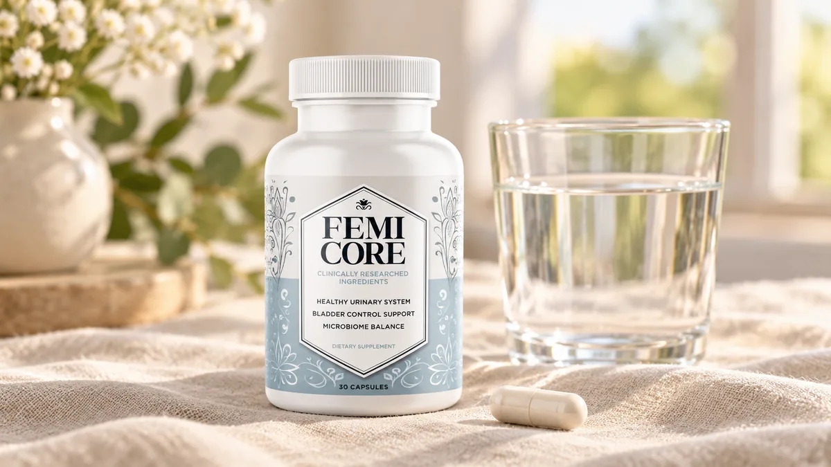 What is FemiCore: a FemiCore supplement bottle on a pale linen surface next to a glass of water and one capsule