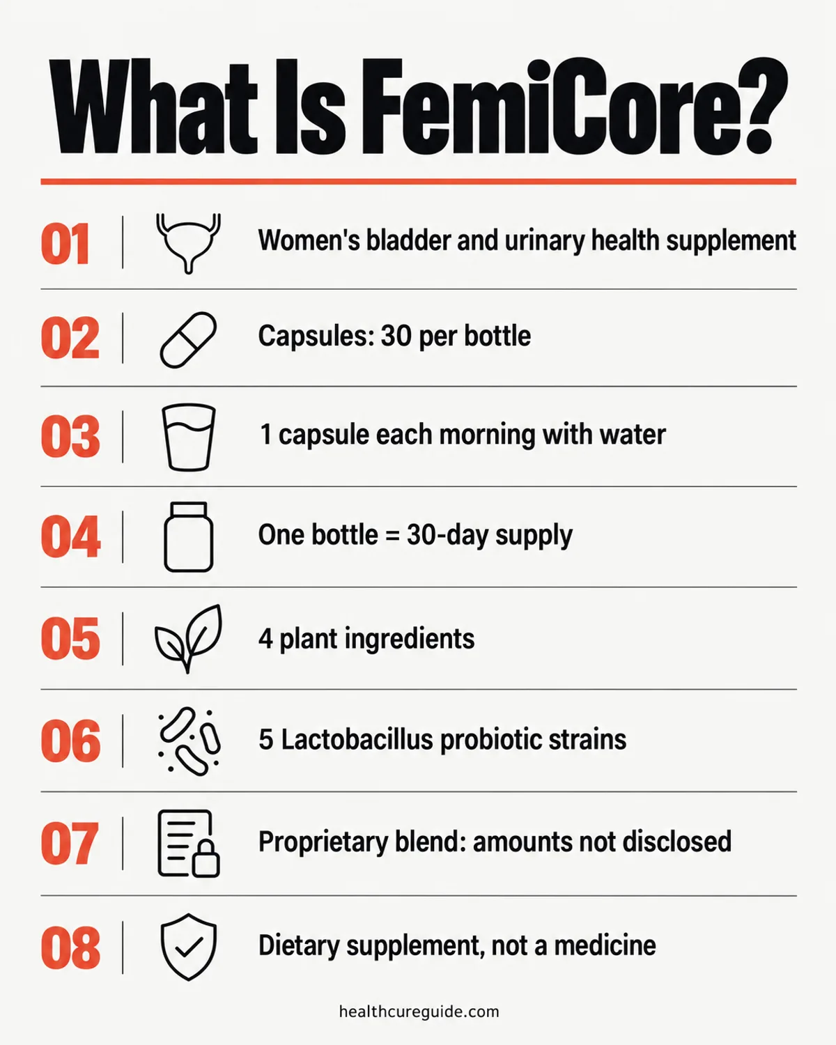 What is FemiCore infographic: one capsule a day, 30 capsules per bottle, four plant ingredients and five probiotic strains