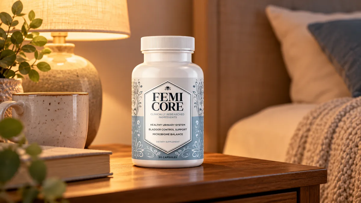 Who should use FemiCore: a FemiCore bottle on a wooden bedside table beside a warm reading lamp, a ceramic mug and a book