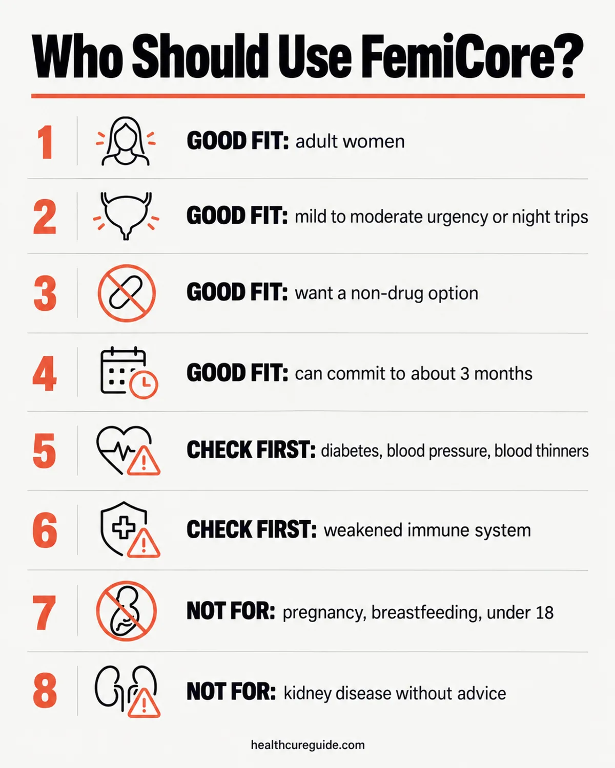 Who should use FemiCore infographic: good fit, check first, and see a doctor first groups
