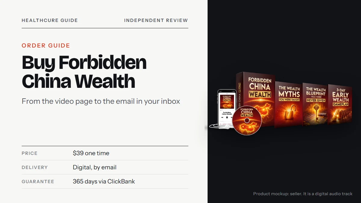 Buy Forbidden China Wealth: the seller's product mockup with a box, a phone showing an audio player, a CD, earbuds