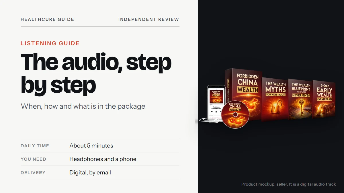 Forbidden China Wealth audio: the seller's product mockup with a phone showing an audio player, a box, a CD, earbuds