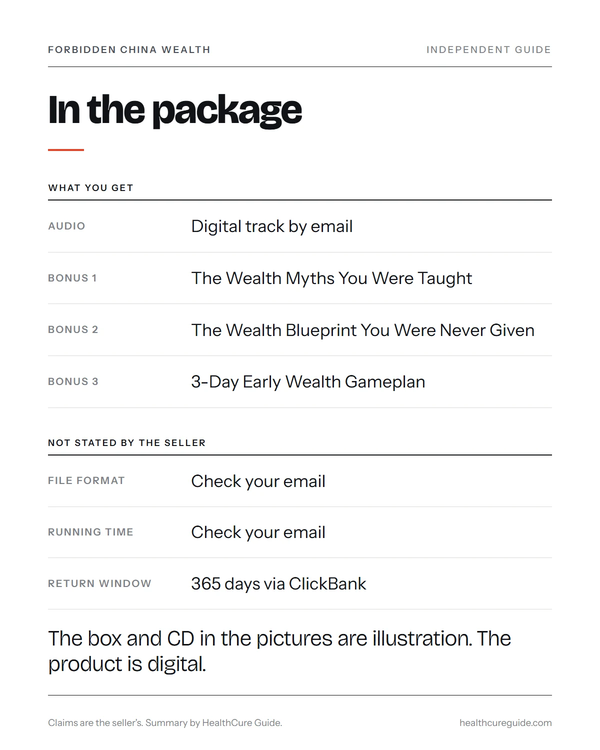 Forbidden China Wealth audio infographic: the package contents, what the seller does not state and the 365-day refund cover